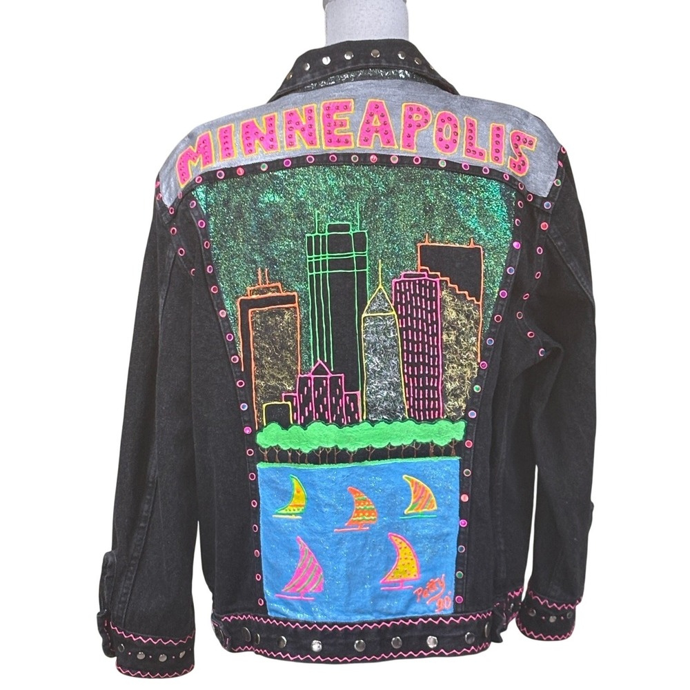 Minneapolis Denim Jacket Hand Painted Skyline Studded Rhinestone Wearable Art